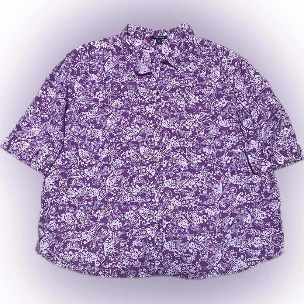 Roaman's Women’s Purple Paisley Buttoned Short-sleeved Shirt Size 30W